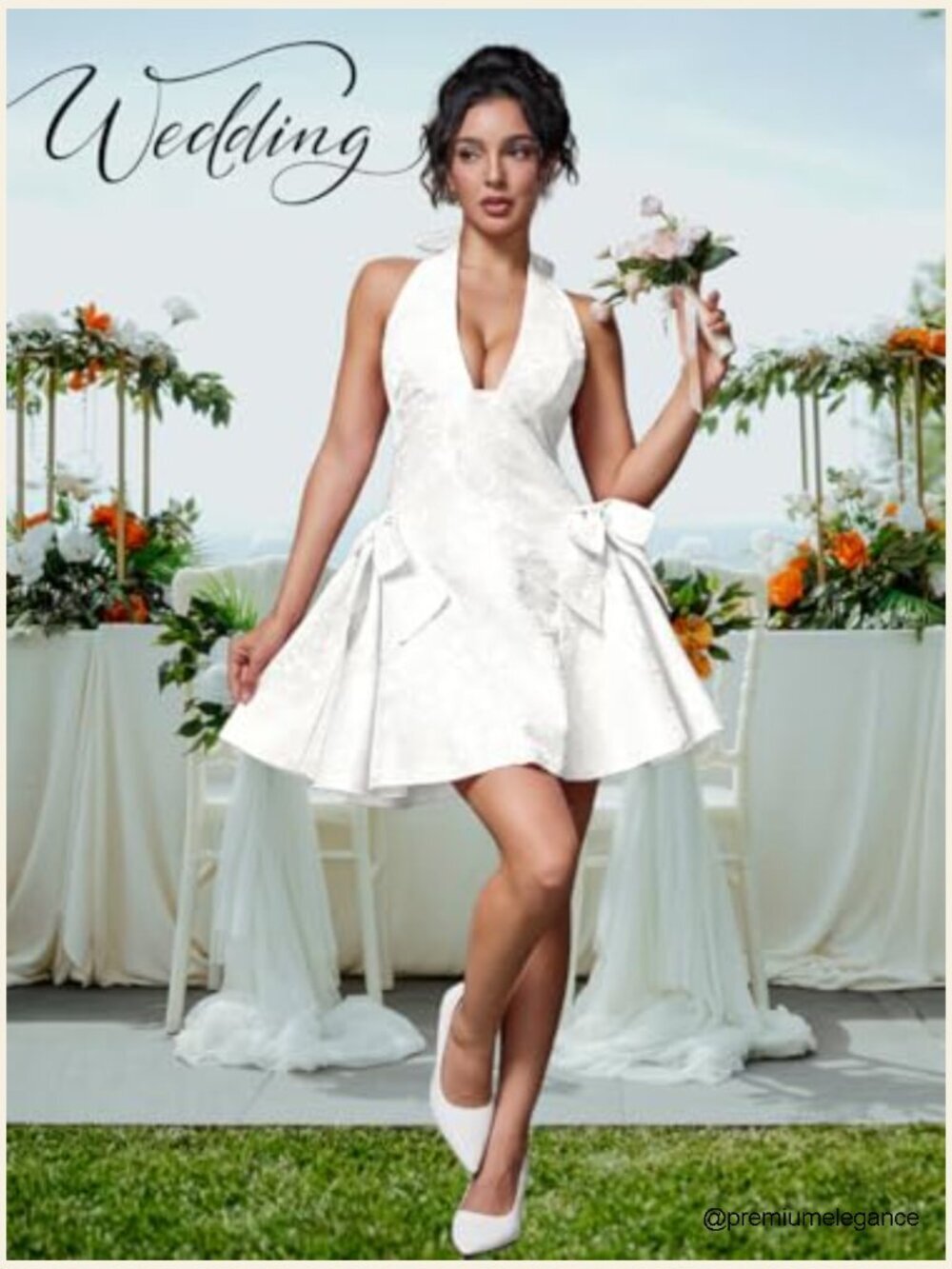 Halter V-Neck Mini Dress, Jacquard Bow A-Line, Prom Formal - Picture 2 of 7